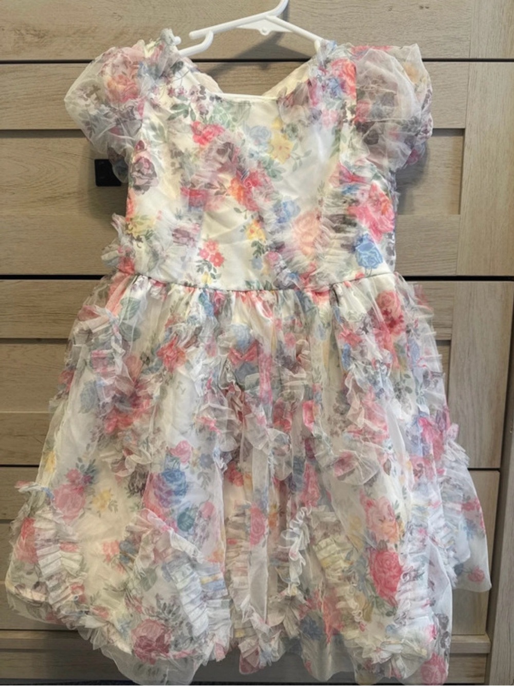 Kensie Girl Floral Ruffle Tulle Dress - White with Pink Blue Yellow Green